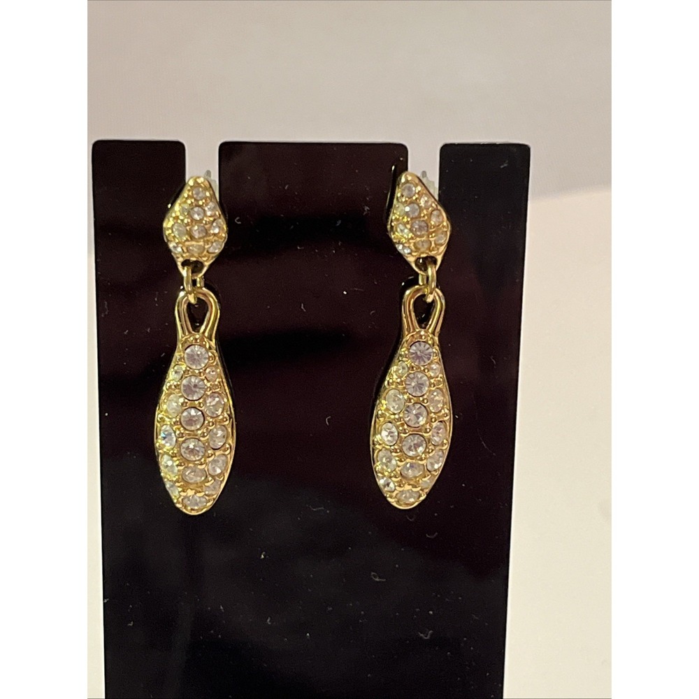 Vintage Swarovski Gold Tone Pave Crystal Long Drop Earrings Statement Dangle